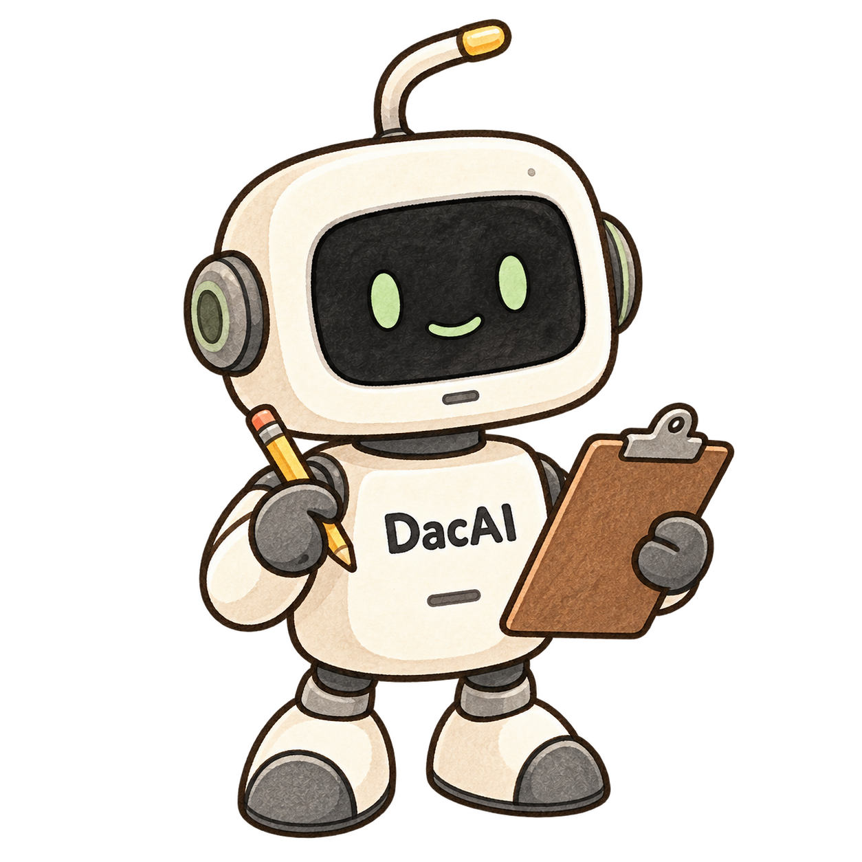 拿着记录板和铅笔的 DacAI，陪着整理实践记录