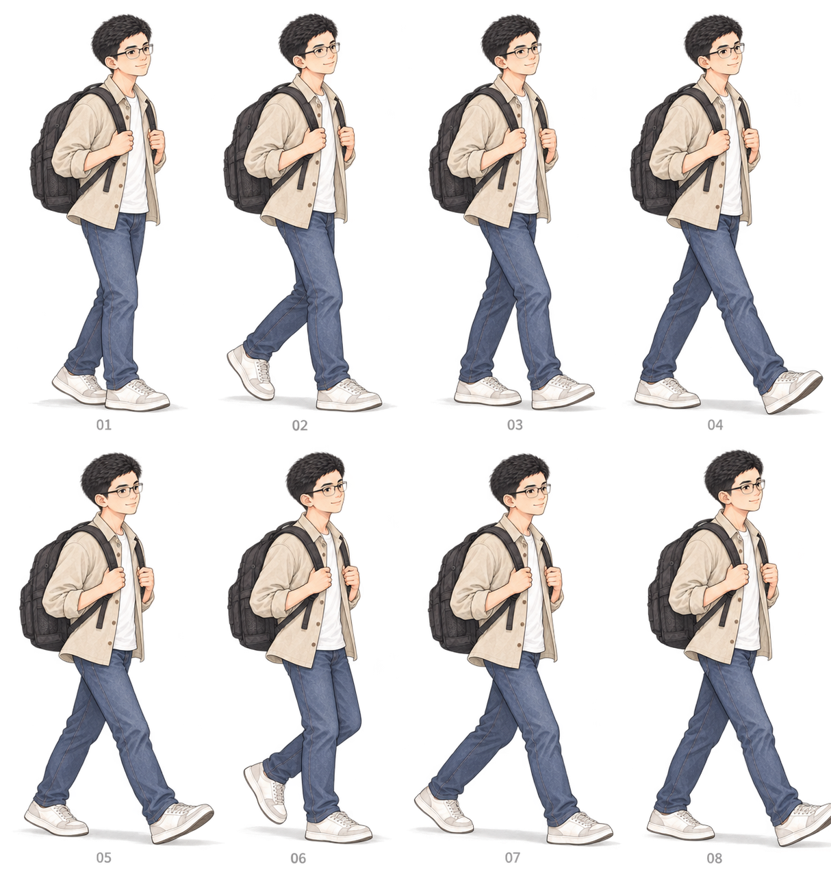 未采用的 Zack walking 八帧尝试，腿部关系没有形成自然循环